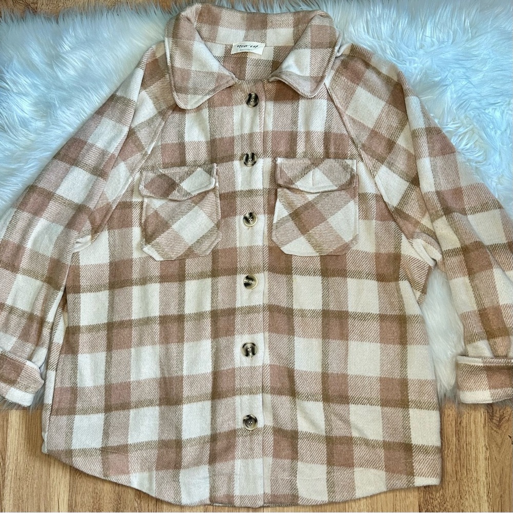 New In Tan Checked Trucker Shacket